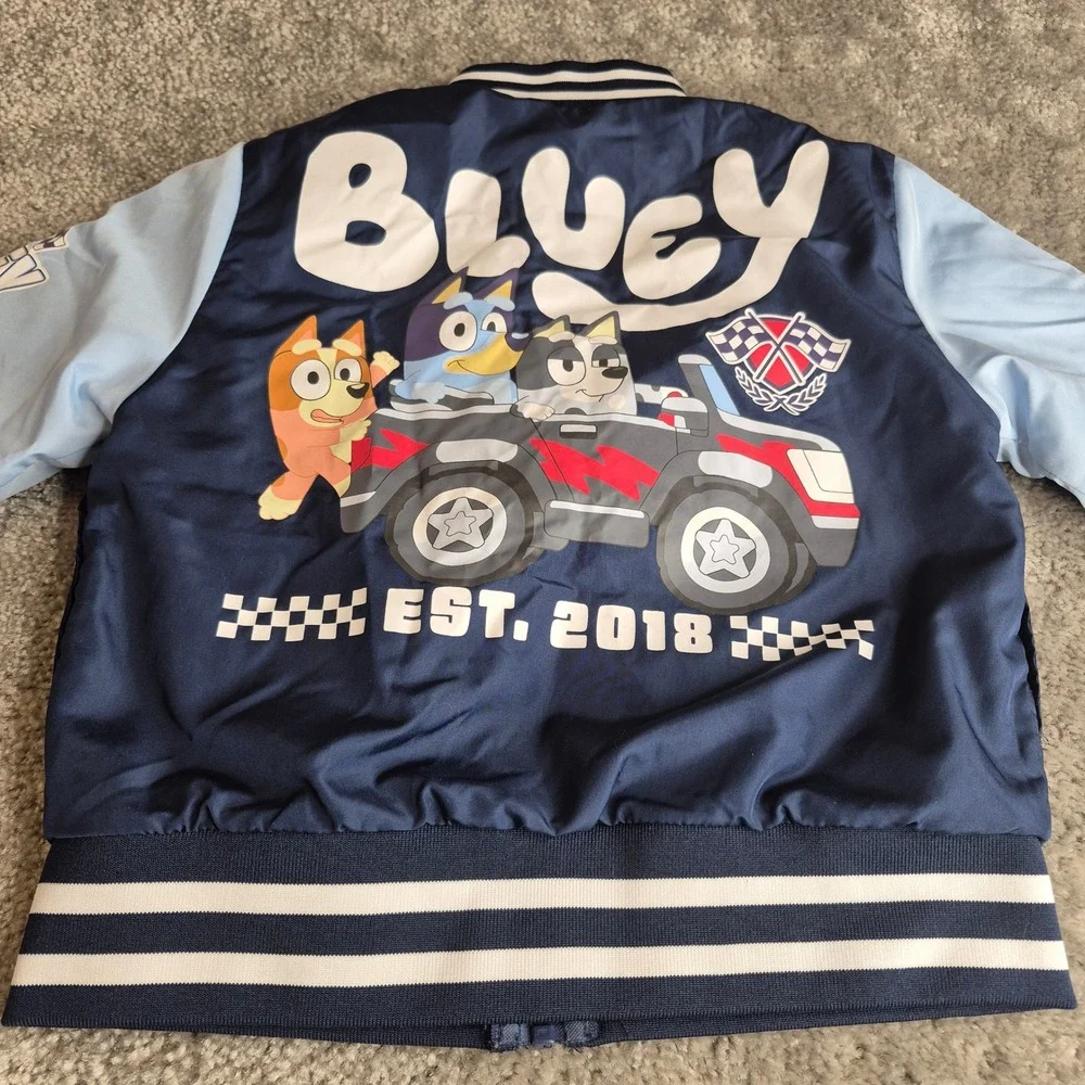 Bluey Racing Team Kids‎ Bomber Jacket Navy Blue Varsity Windbreaker Size 4/5